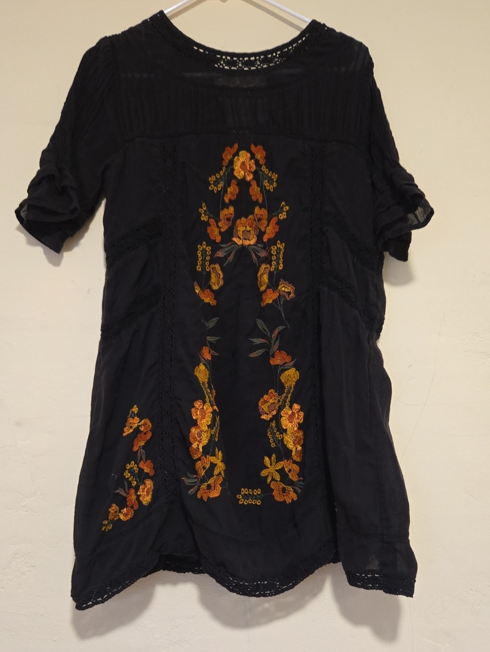 Free People Boho Embroidered Black Dress Size Small